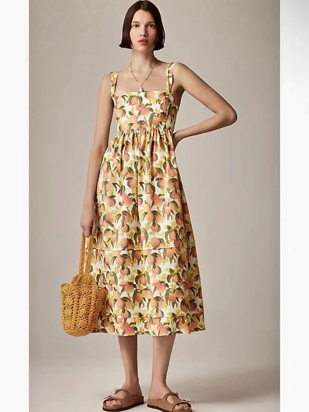 J. Crew Peach Print Midi Dress in Pink & Yellow Size 00 NWT
